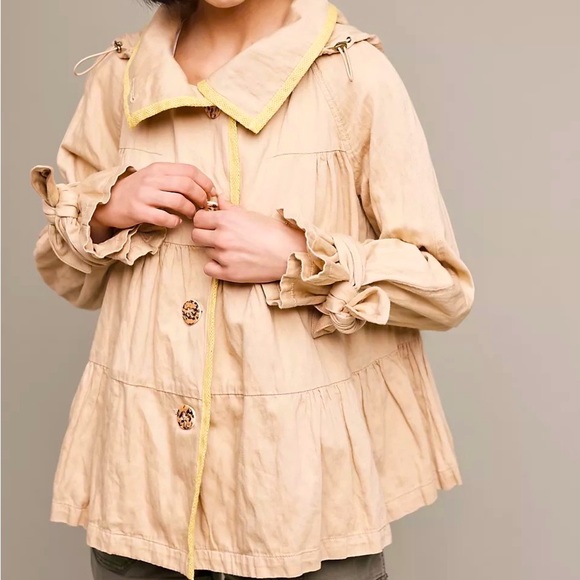 Anthro Hei Hei Khaki Tiered Swing Neon Yellow Mesh Accented Tie Cuff Trench Coat - Picture 3 of 16